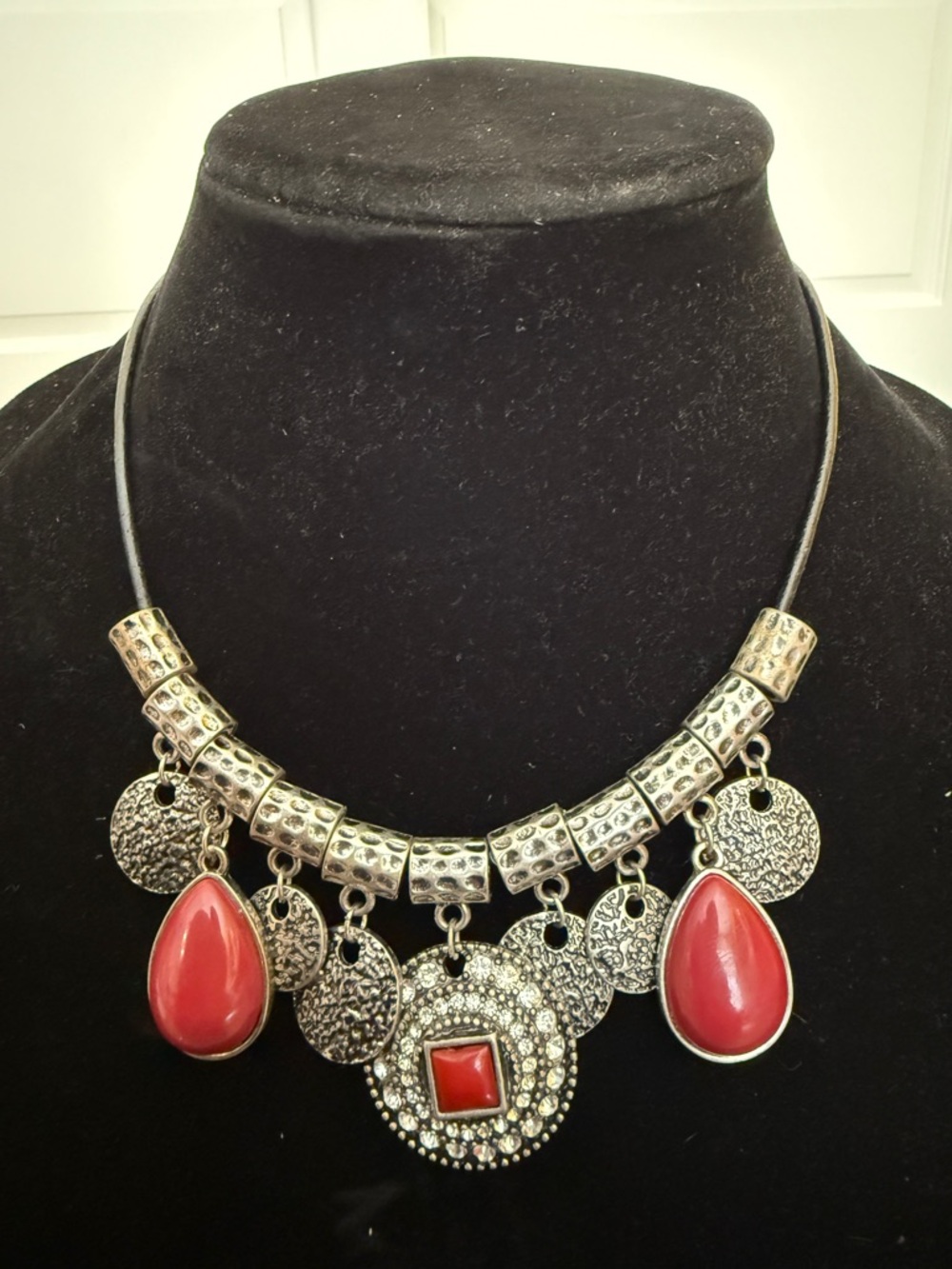 Statement Red Teardrop Pendant Necklace - Silver-Tone Accent